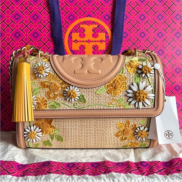 NWT Tory Burch Fleming in Napa Leather and Straw with embroidered floral detail - Picture 2 of 15